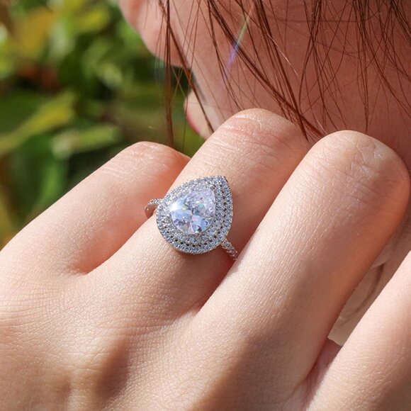 💎 Wedding Large Pear Double Layer Water Drop Silver Ring for Women, VIP505 - Picture 4 of 10
